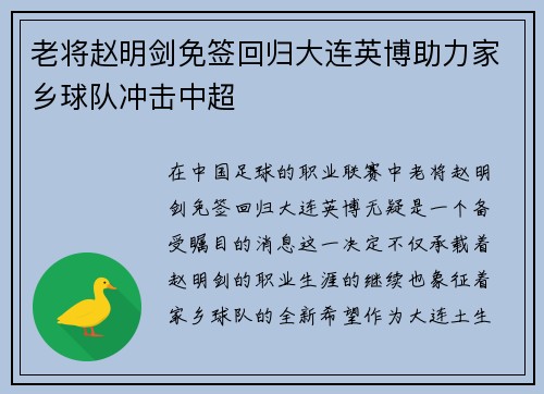 老将赵明剑免签回归大连英博助力家乡球队冲击中超